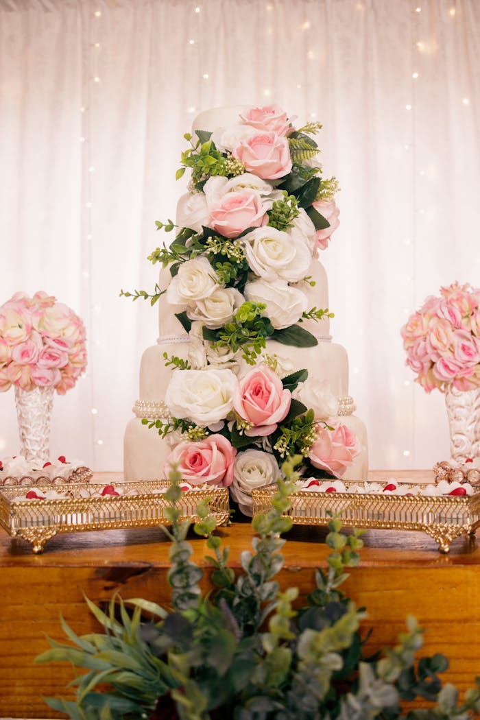 Luxurious tiered wedding cake adorned with delicate pink and white roses, perfect for romantic celebrations.